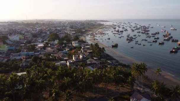 Tropical Bay Mui Many Fisherman Boat Moored Seashore Aerial View — Wideo stockowe