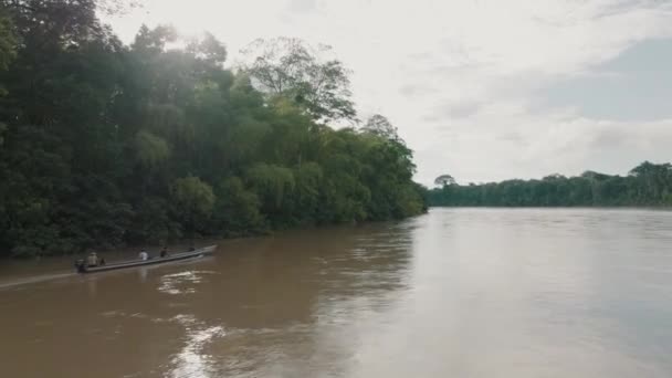 Aerial Shot Small Boat Sailing Amazon River — Stockvideo