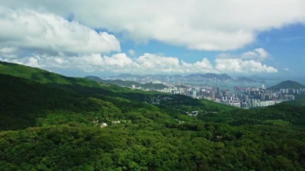 Dynamické Vysokohorské Letecké Záběry Odhalující Krajinu Hongkongu Obklopenou Stromy Mořem — Stock video