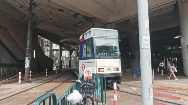 Close Light Rail Departing Depot Tuen Mun Ferry Pier Hong — Stockvideo