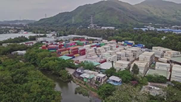 Dynamic Aerial Footage Flying Cargo Storage Depot Town Yuen Long — Stock Video
