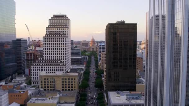 Légi Felvétel Texas Állam Fővárosa Felé Naplemente Austinban Usa Vertigo — Stock videók