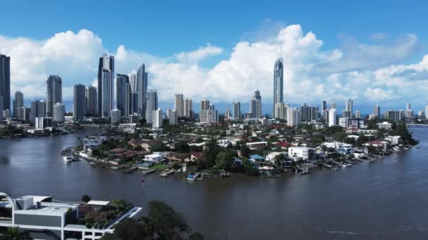 Unique Aerial View Popular Real Estate Canal Property Close Towering — Vídeos de Stock