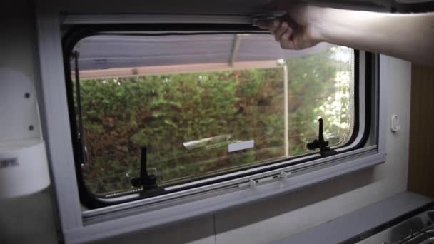Woman Closing Retractable Pleated Insect Net Motorhome Side Window Closing — Wideo stockowe
