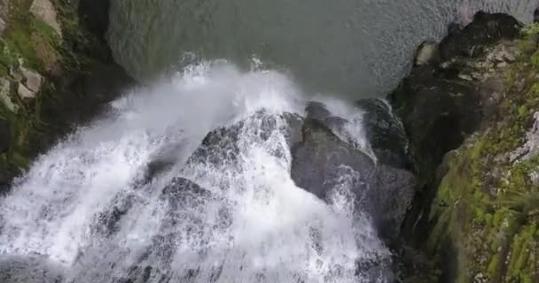 Top Drone View Huge Waterfall Rocks Lake Doubs River Neuchatel — Stock videók