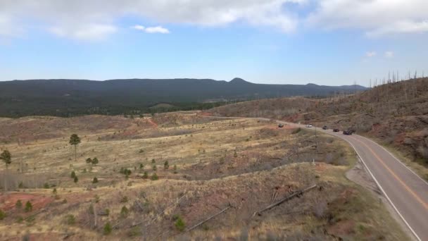 パイク国立の森 ロッキー山脈 コロラド州のリモート山道に沿って運転車両のグループの空中ビュー — ストック動画