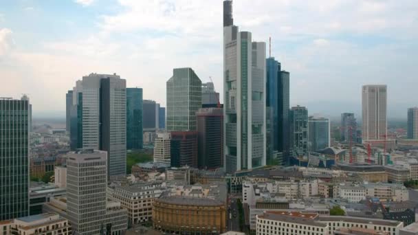 Skyscrapers City Center Frankfurt Germany Aerial Wide Shot — Stock Video