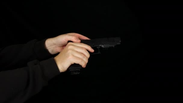 Cocking Firing 9Mm Hand Gun Black Background — Vídeos de Stock