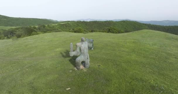 Plano Aéreo Una Escultura Piedra Guerrero Situado Valle Didgori — Vídeos de Stock