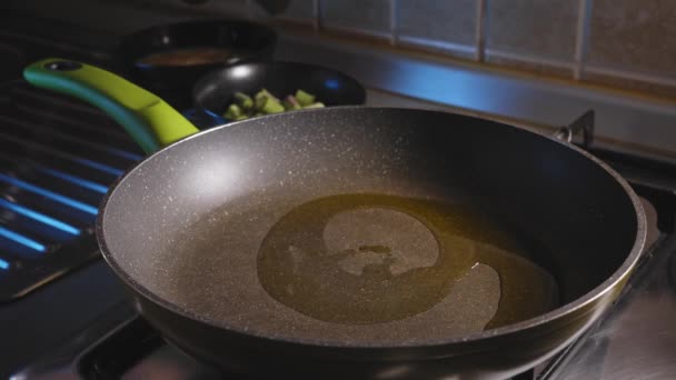 Sauteing Chopped Asparagus Pan Oil Close — Stock Video
