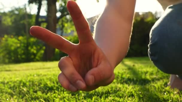 Close Person Making Peace Sign Fingers Garden Background Sunset — Stockvideo