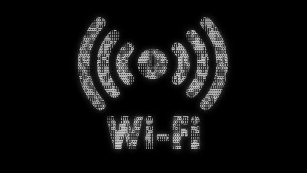 经典的动画双Wifi符号 带有动画二进制代码纹理 在黑色背景上的黑白配色方案 — 图库视频影像