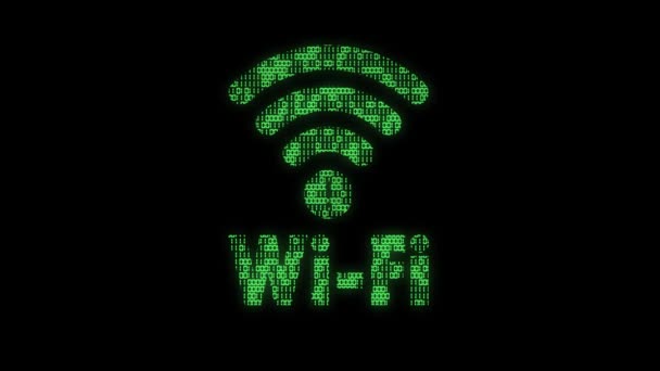 Κλασικό Κινούμενο Wifi Σύμβολο Την Υφή Δυαδικού Κώδικα Κινουμένων Σχεδίων — Αρχείο Βίντεο