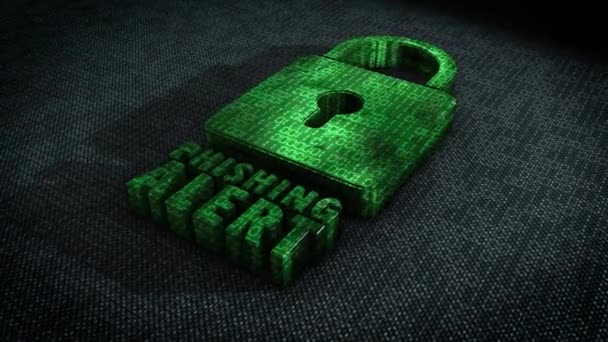 带动画二进制代码的Hitech表面上的样式化系统安全锁的超写实主义3D Cgi渲染 其消息是金属绿色的Phishing Alert — 图库视频影像