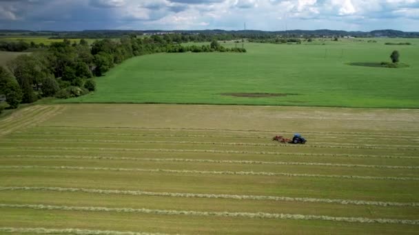 Drone Shot Agricultural Machinery Tractor Processing Green Farm Field — Stock Video