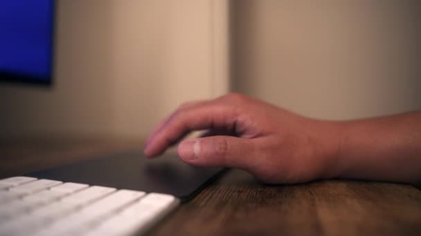 Side View Brown Asian Man Hands Track Pad Desktop Computer — Vídeo de Stock