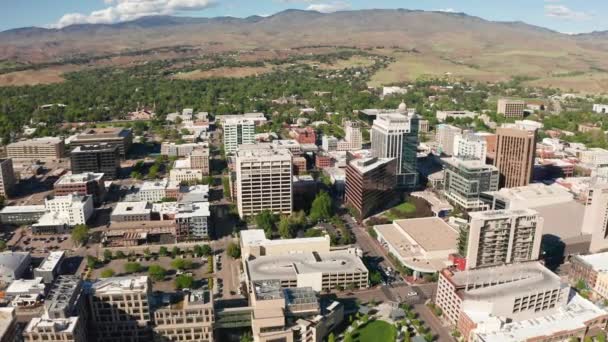 Wide Drone Shot Boise Idaho Downtown Sector Surrounded Arid Farmland — Stock video
