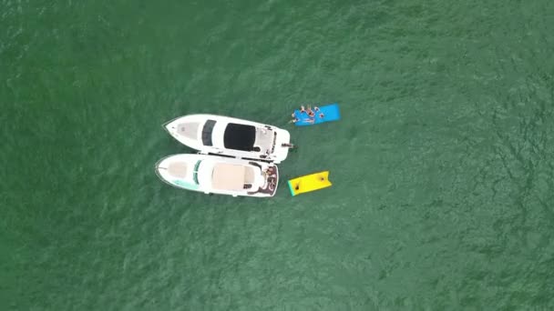 Two Yacht Boats People Enjoying Summer Vacation Miami Florida Aerial — Stock Video