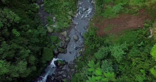 Flyover Aéreo Río Corriente Flotando Entre Las Rocas Selva Indonesia — Vídeos de Stock