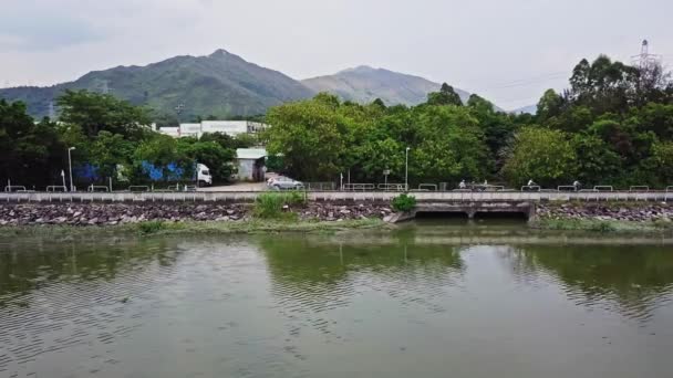 Dynamic Horizontal Aerial Footage River Yuen Long Hong Kong Shot — 비디오