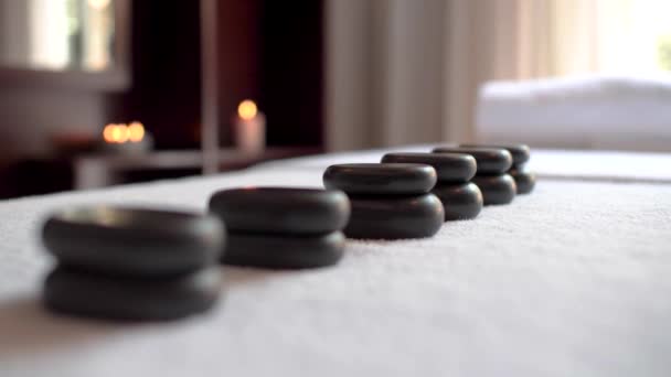 Detail Hot Stones Massage Table Candle Background — Stock videók