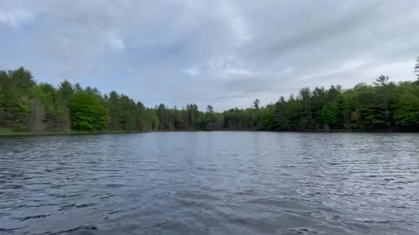 Boat Slowly Moving Small Lake Trees — Stockvideo