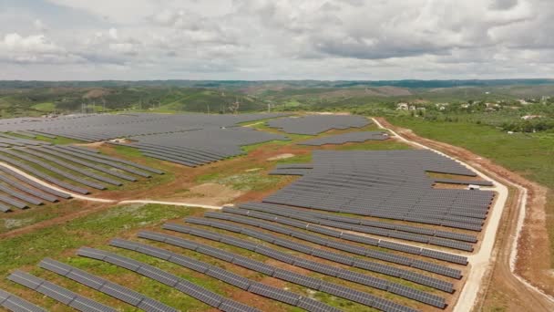 Long Aerial Shot Medium Sized Solar Farm Built Hills Portuguese — Video