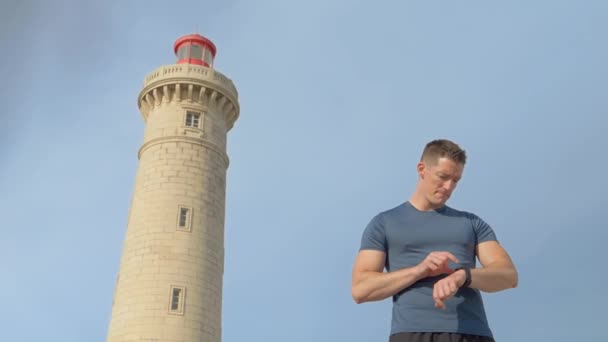 Young Caucasian Man Short Hair Looking Scrolling His Connected Watch — Video Stock