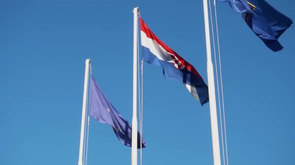 欧州連合 クロアチアの国旗と地元の国旗が日中に高く掲揚されている ローアングルショット — ストック動画