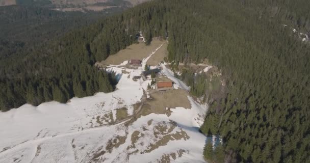 Aerial Birdseye Drone Snowy Mountainside Pine Forest German Alps — Vídeo de Stock