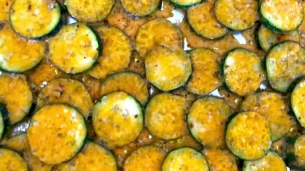 Baked Zucchini Melted Orange Cheddar Cheese Close — Stock Video