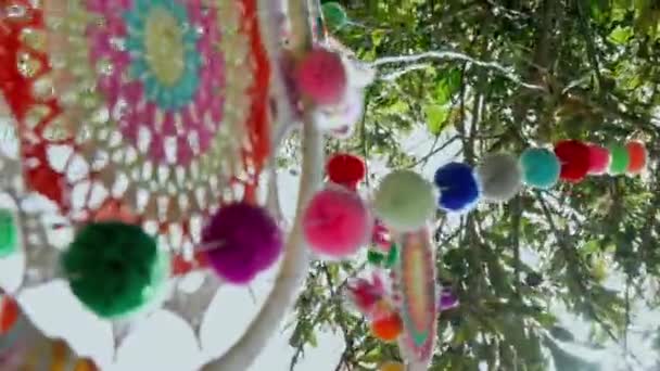 Beautiful Colored Dream Catcher Hanging Tree Swaying Wind Handheld Low — Stockvideo