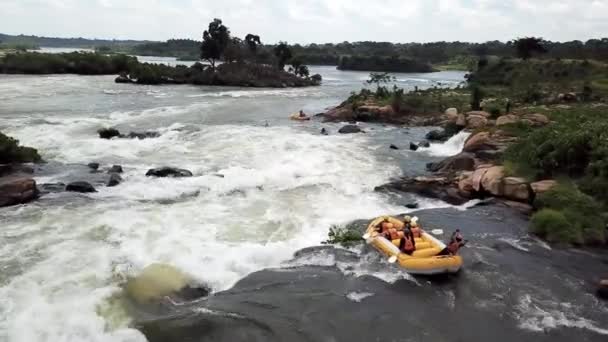 Drone View Yellow Boat White Water Rafting Falls Nile River — Stock Video