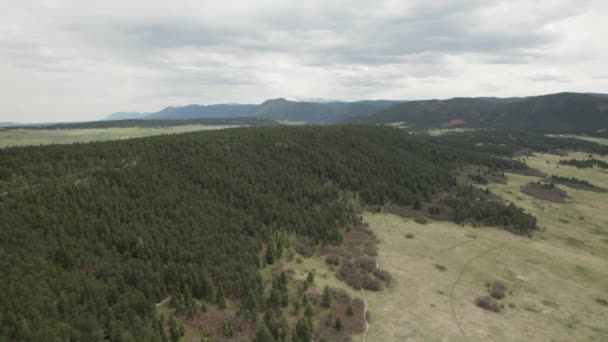 Aerial Rise Forested Ridge Revealing Beautiful Valley Rocky Mountain Range — Stock Video