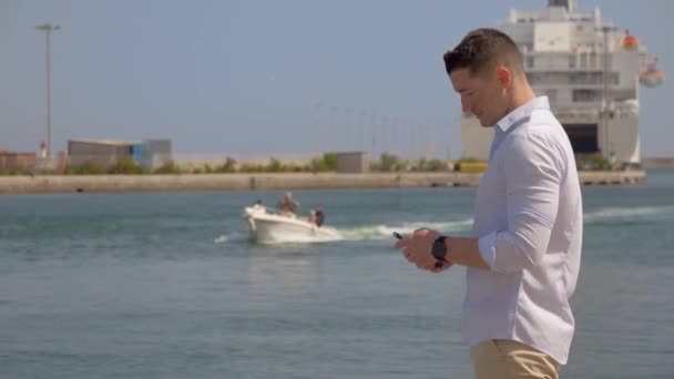 Young Caucasian Man Profile His Smartphone Port South France While — Stock Video