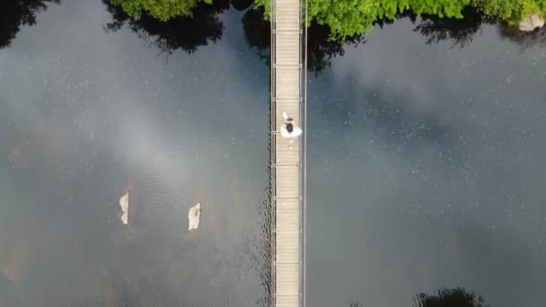 Aerial View Bridge Middle River Park Europe Person Crossing Wooden — Stockvideo