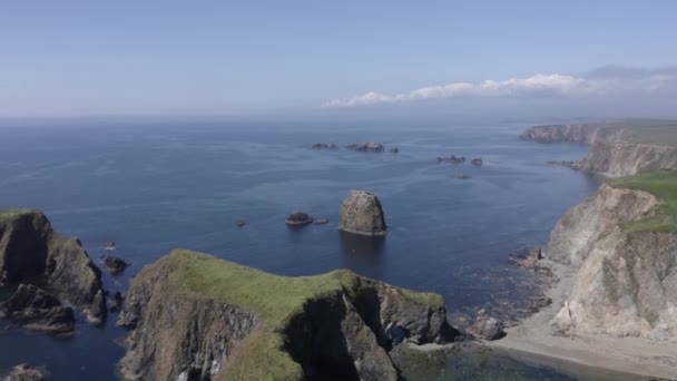 Aerial Flyover Sea Stack Rocks Rugged Calm Ocean Coastline — Stockvideo