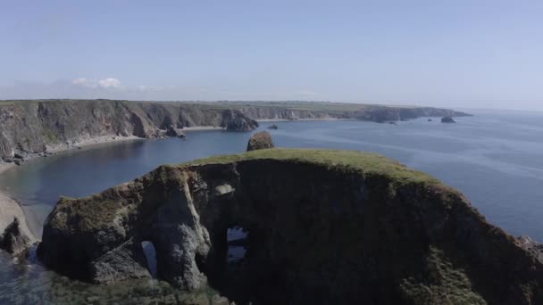 Low Aerial Flyover Grassy Sheep Island Southern Irish Coast — Vídeo de Stock