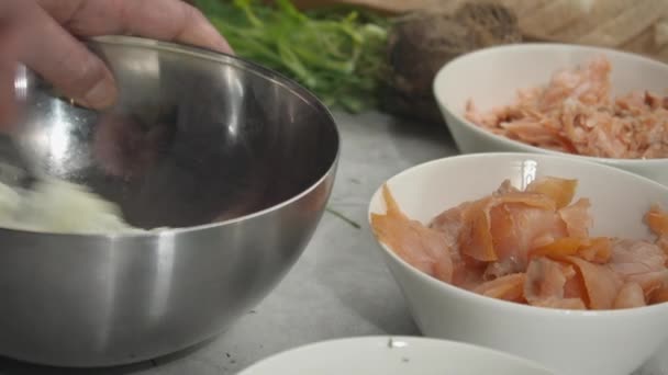 Підготовка Їжі Вершковий Сир Сметану Поєднуються Мисці Змішування — стокове відео
