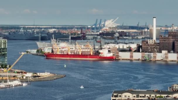 Cargo Ships Dock Port Usa Long Aerial Zoom Lens Golden — 图库视频影像
