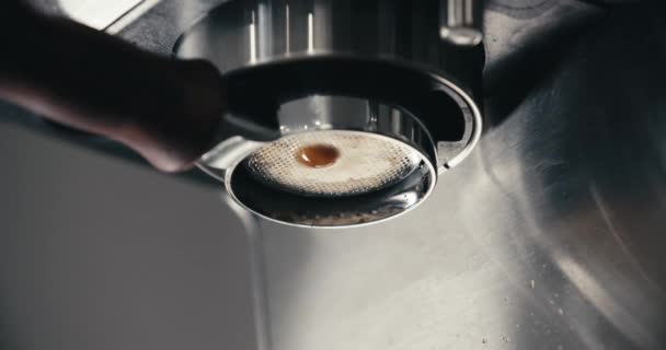 Espresso Machine Macro Shot Dripping Fresh Coffee Double Shot Extraction — Vídeo de Stock