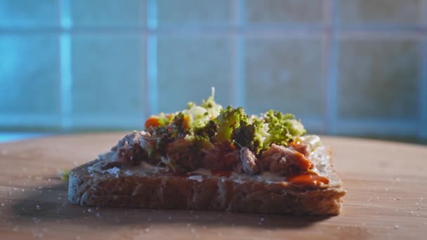 Anabolic Tuna Toast Sandwich Broccoli Red Hot Sauce Close — Video