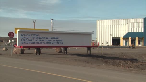 Medium Shot Airport Sign Front Building — Stock Video