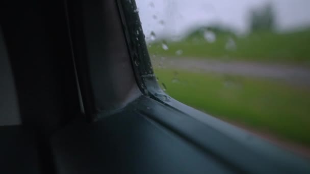 Drops Water Ripple Shimmer Corner Car Window Car Drives Super — Wideo stockowe
