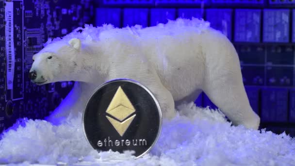 Ethereum Crypto Eth Coin Bear Market Concept Snow Ligth Blue — Αρχείο Βίντεο