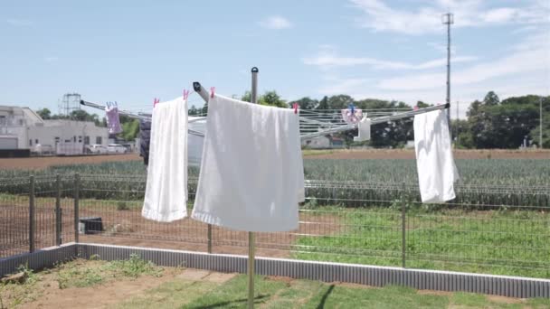 Rotating Washing Line Sunny Day Gentle Breeze — Stockvideo