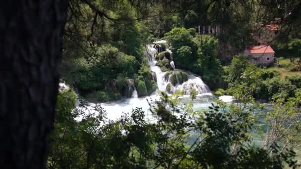 Beautiful Multi Level Waterfall Cascades Turquoise River — Vídeo de Stock