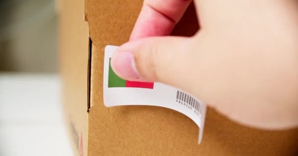 商品の入った段ボール箱にポルトガル国旗ラベルを貼った手 プレミアム品質のバーコードで撮影を閉じます — ストック動画