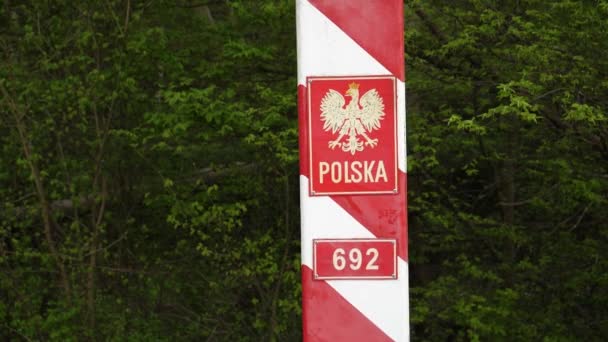 Señal Frontera Polaca Con Árboles Verdes Bosque Fondo Cerca — Vídeo de stock