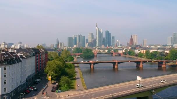 View Frankfurt City Skyline Main River Daytime Traffic Road Bridges — 图库视频影像